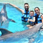familia nadando con delfines en playa del carmen