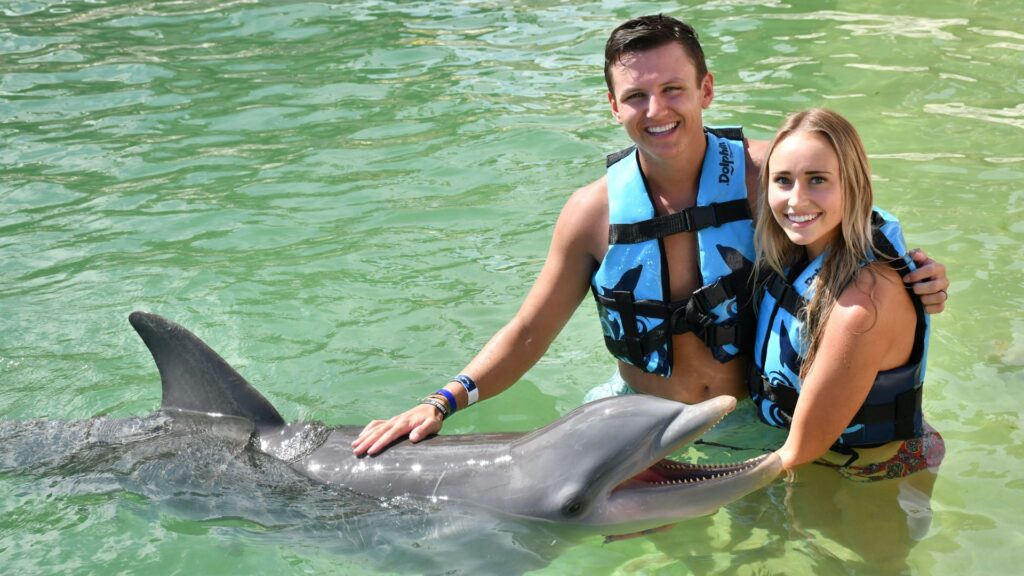 pareja nadando con un delfin en mexico